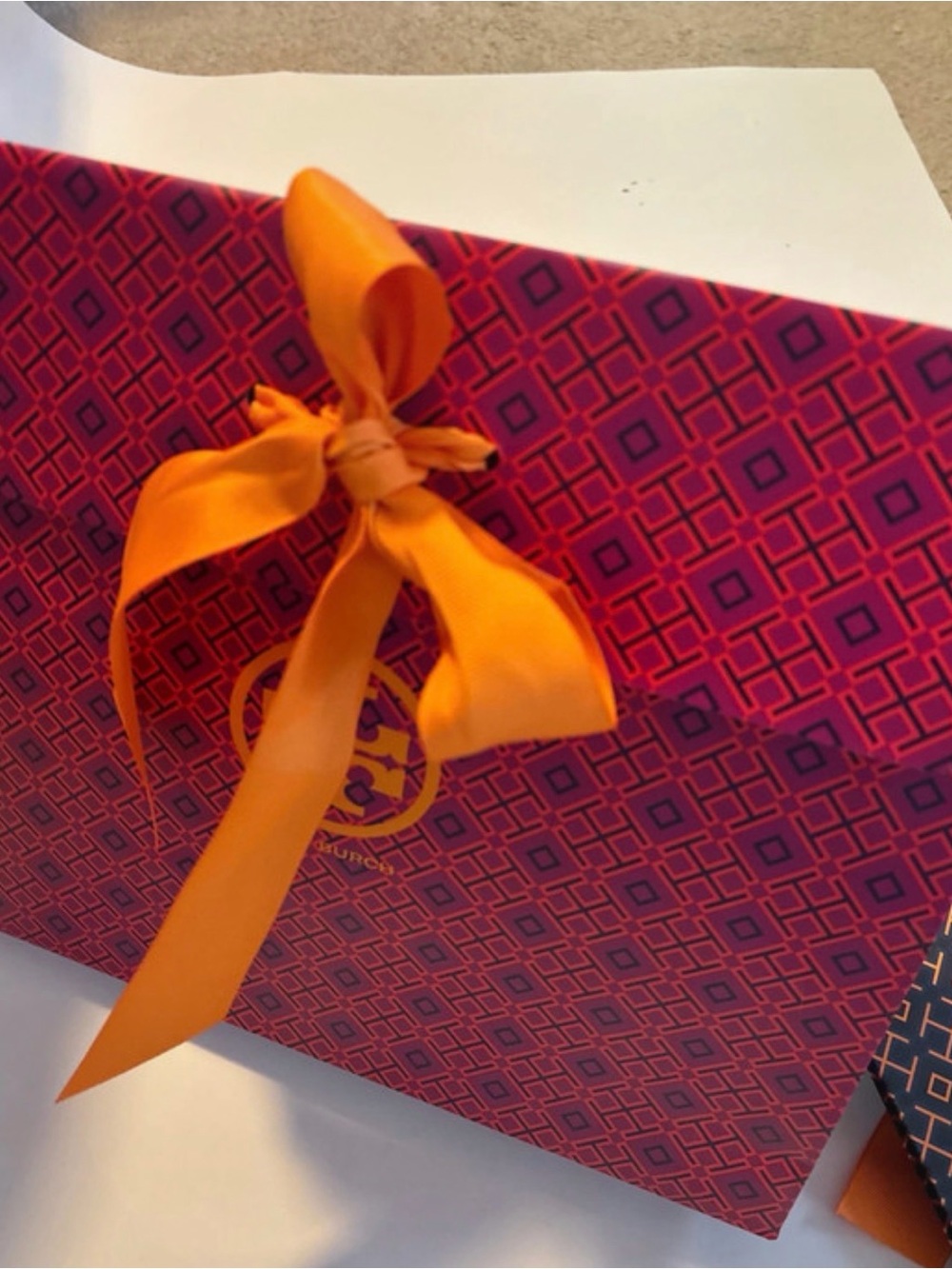 Tory Burch Orange Ribbon Gift Bag with Geometric Print